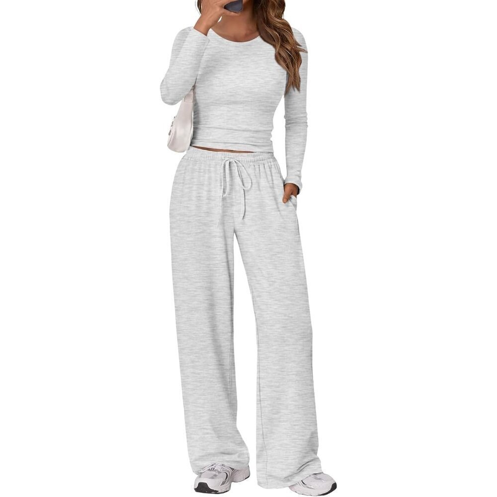 Women's 2 Piece Matching Lounge Set Long Sleeve Side Ruching Top Wide Leg Drawst